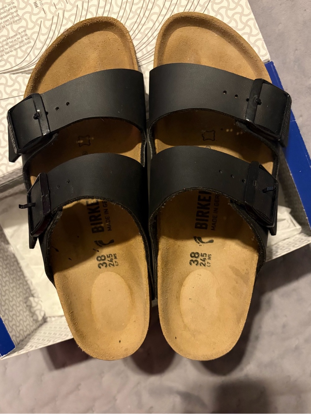 Birkenstock Arizona Two-Strap Sandals in Black and Tan Suede Footbed - Picture 4 of 8